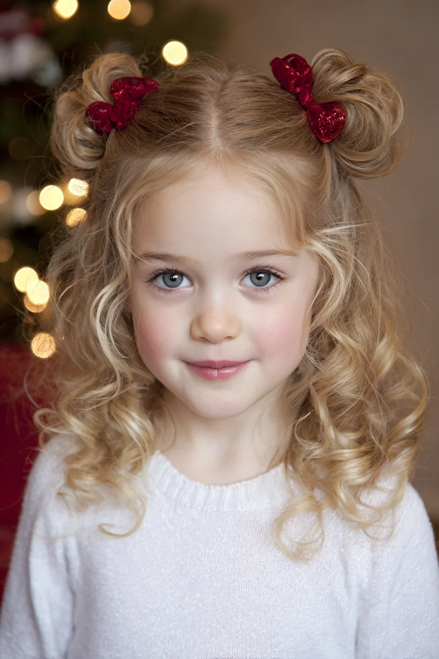 Curly Half‑Up Double Buns with Decorative Bows