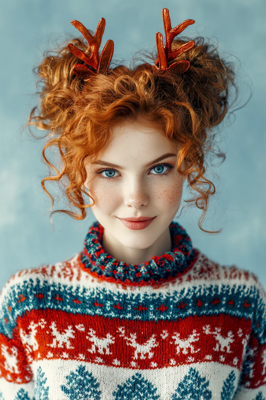Curly Red Space Buns with Face‑Framing Tendrils