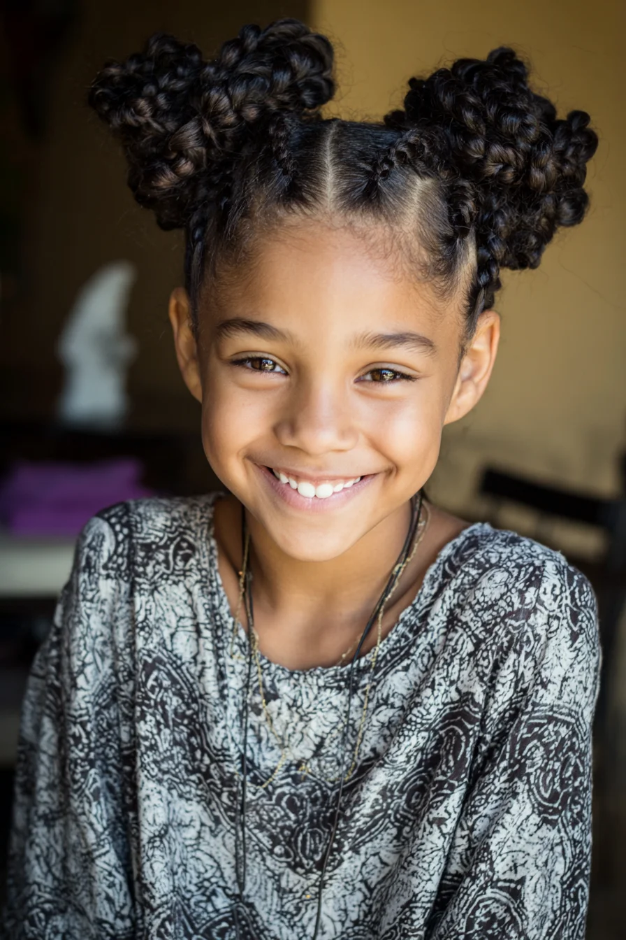 Double Cornrow Braided Space Buns for Curly and Coily Hair