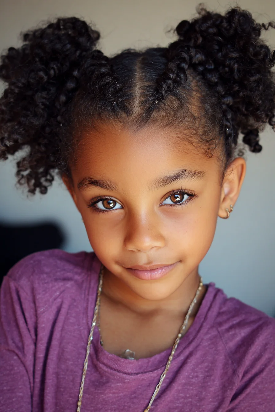 Double Cornrow Puffs — Braided Front Into Natural Curly Puffs