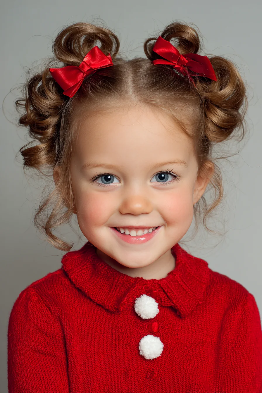 Double Curly Space Buns with Red Bow Accents — Kids Festive Style