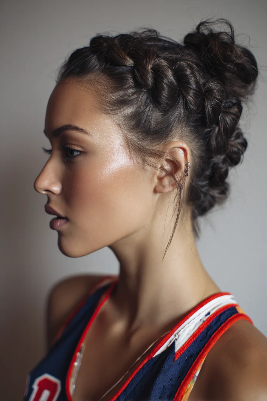 Double Dutch Braids Into Two Textured Top-Knot Buns