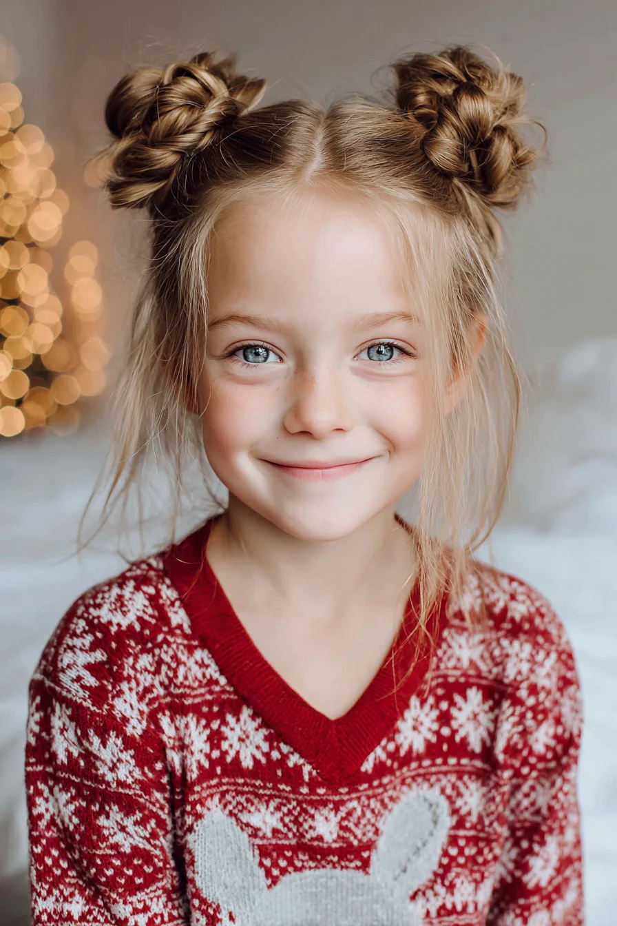 Double Messy Braided Space Buns — Center-Part Updo for Fine to Medium Hair
