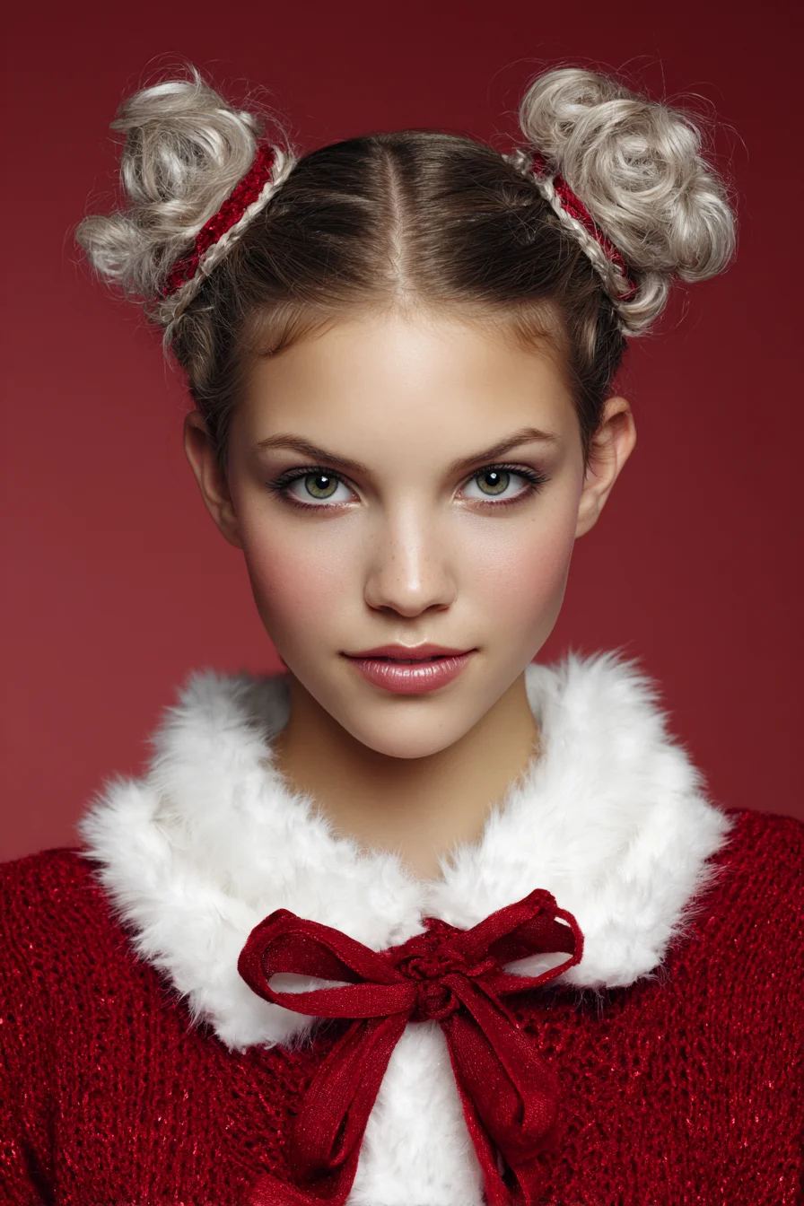 Double Messy Space Buns with Braided Ribbon Accent
