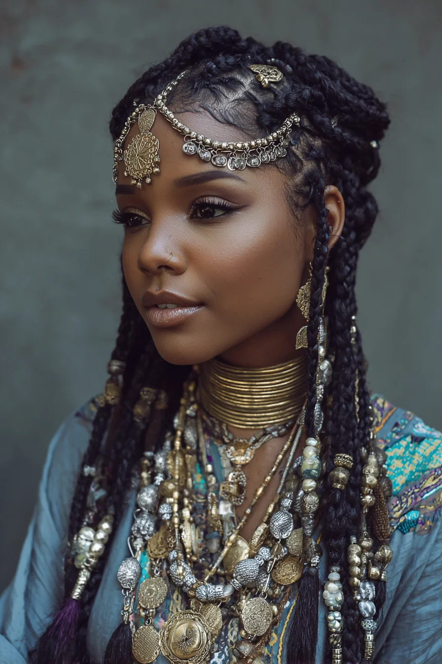 Feed-In Cornrow Crown with Long Beaded Box Braids