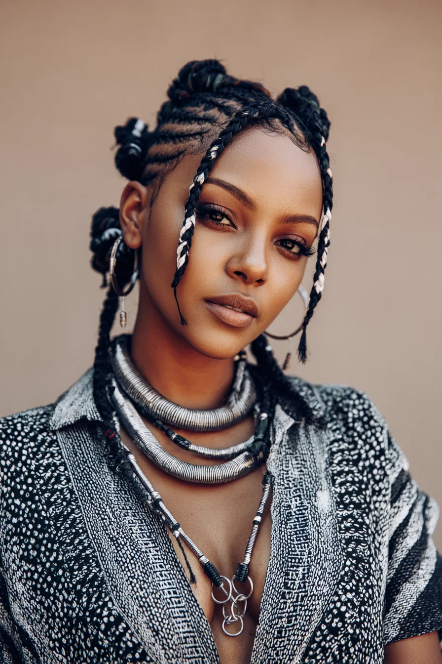 Feed-in Cornrows with Small Bantu Knots and Face‑Framing Braids