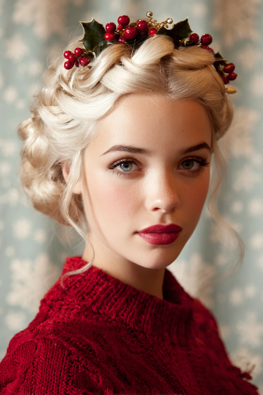 Festive Crown Braid Updo with Soft Face‑Framing Waves