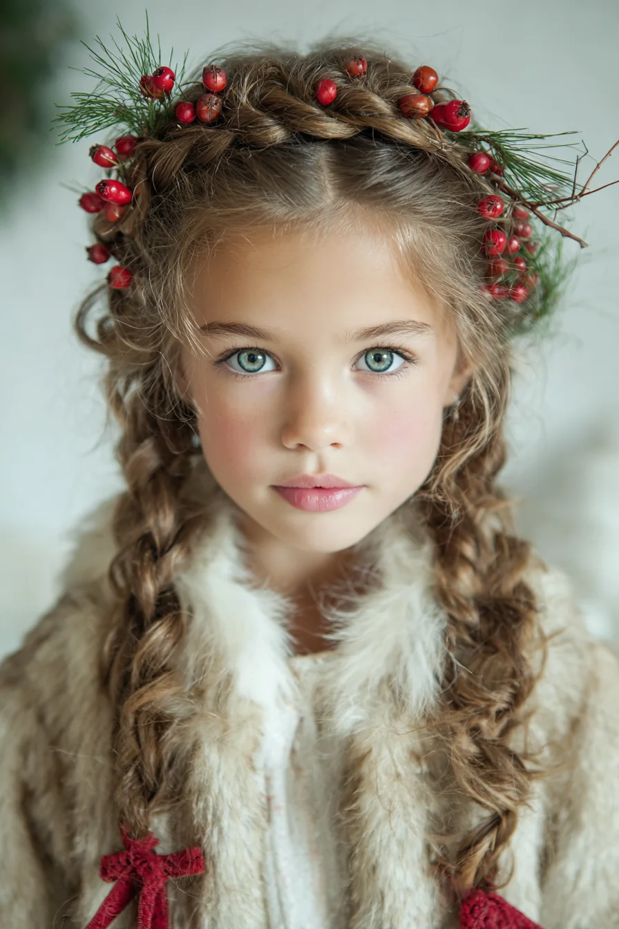 Festive Crown Braid with Double Side Braids and Berry Accents