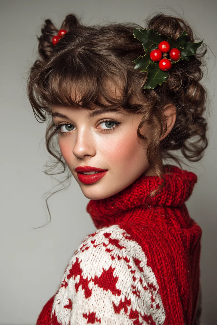 Festive Curly Updo with Soft Bangs and Decorative Sprigs