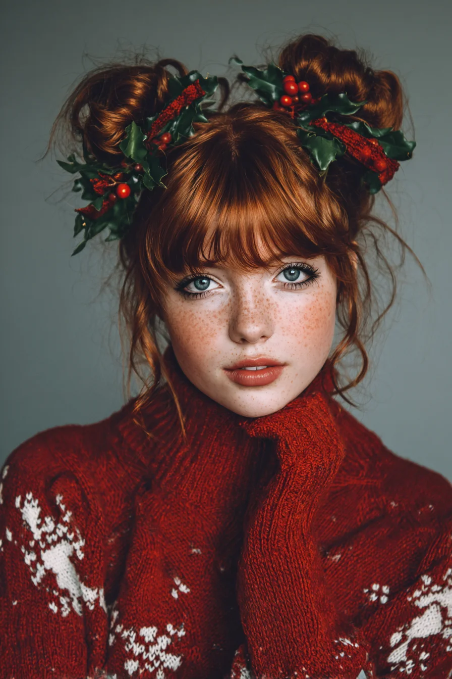 Festive Double Messy Buns with Holly Accents — Redhead Holiday Updo