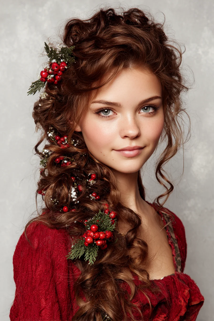 Festive Loose Bohemian Side Braid with Curls and Berry Accents