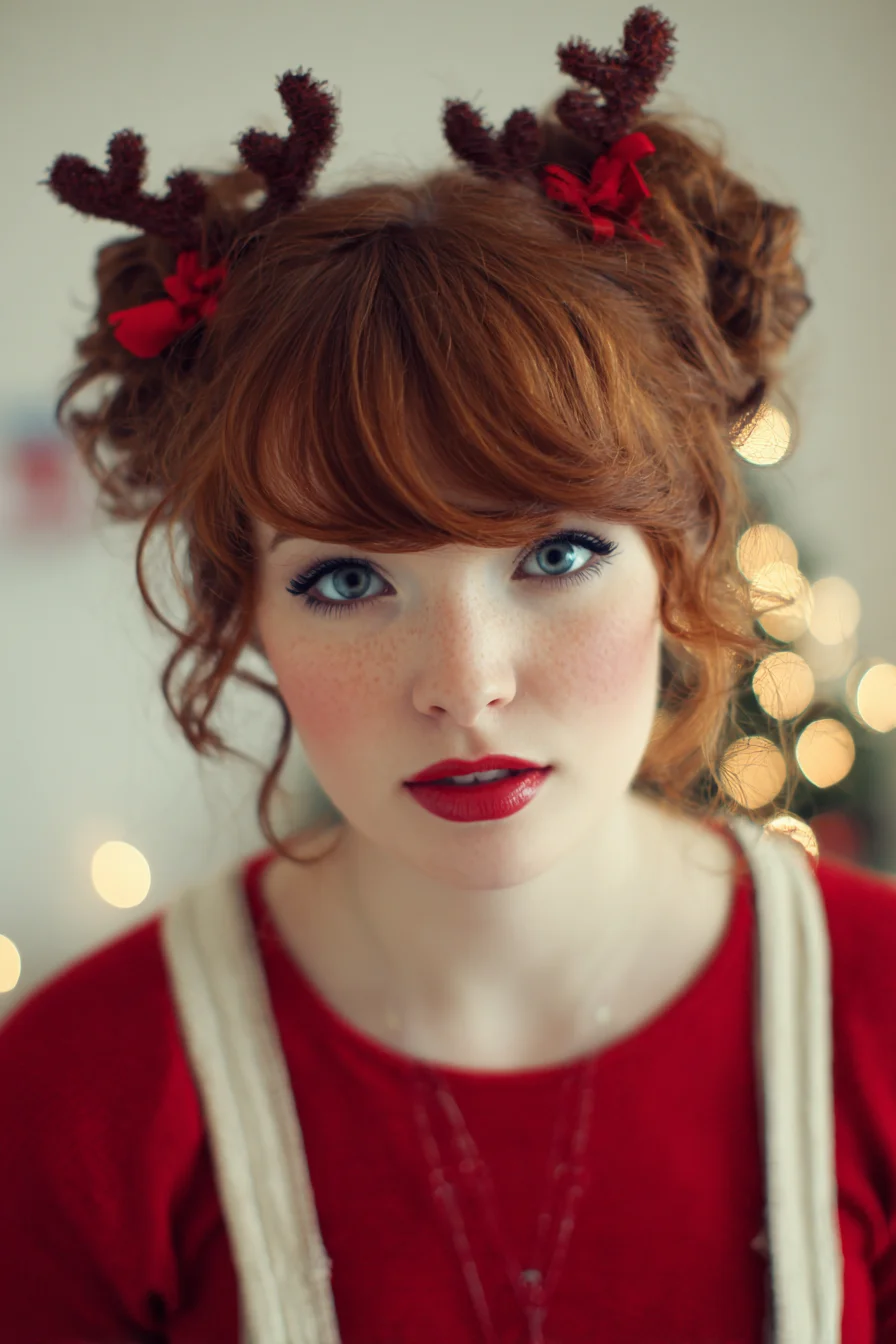 Festive Messy Double Buns with Curtain Bangs — Redhead Holiday Updo