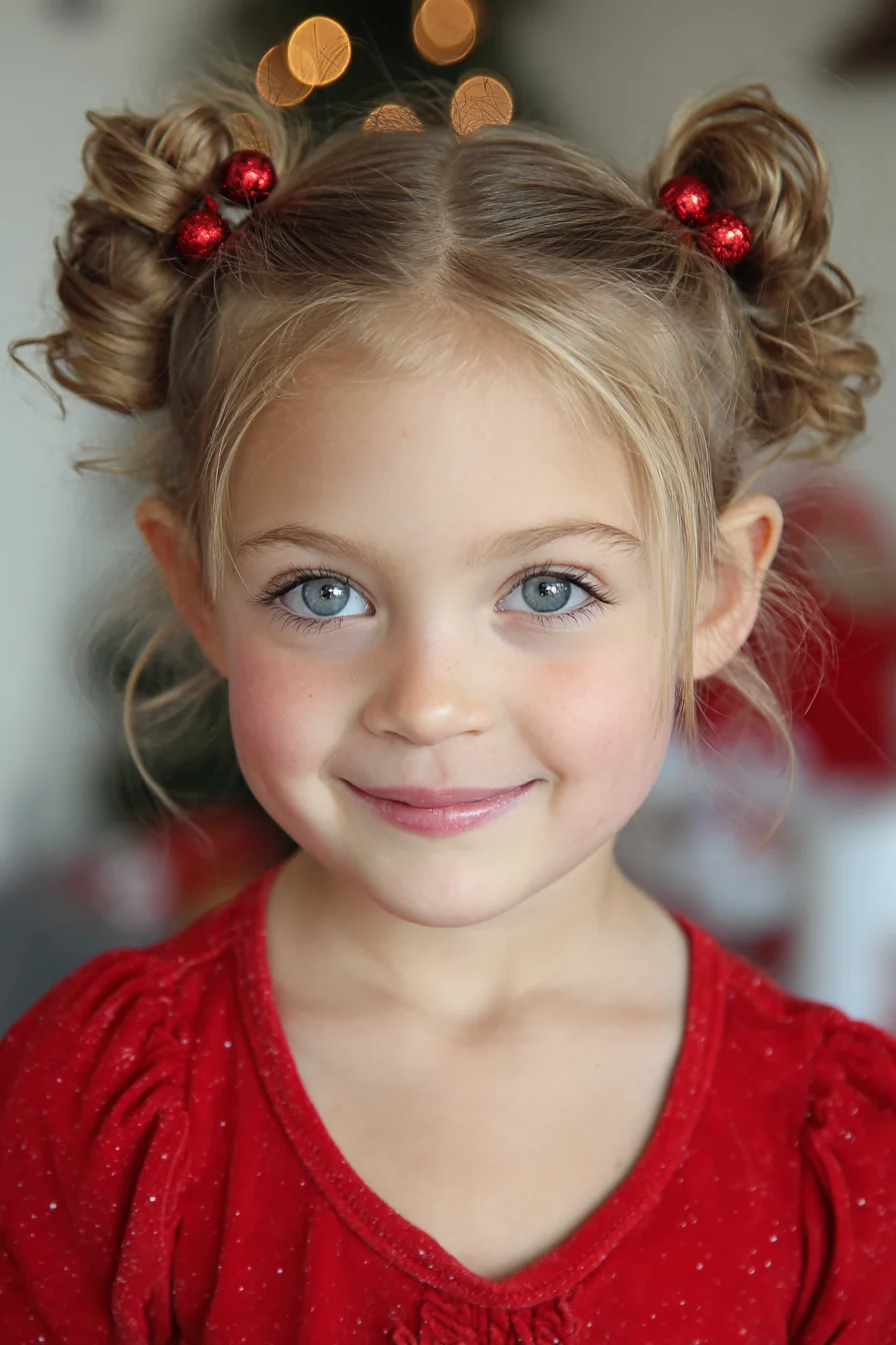 Festive Messy Double Space Buns with Decorative Ornaments