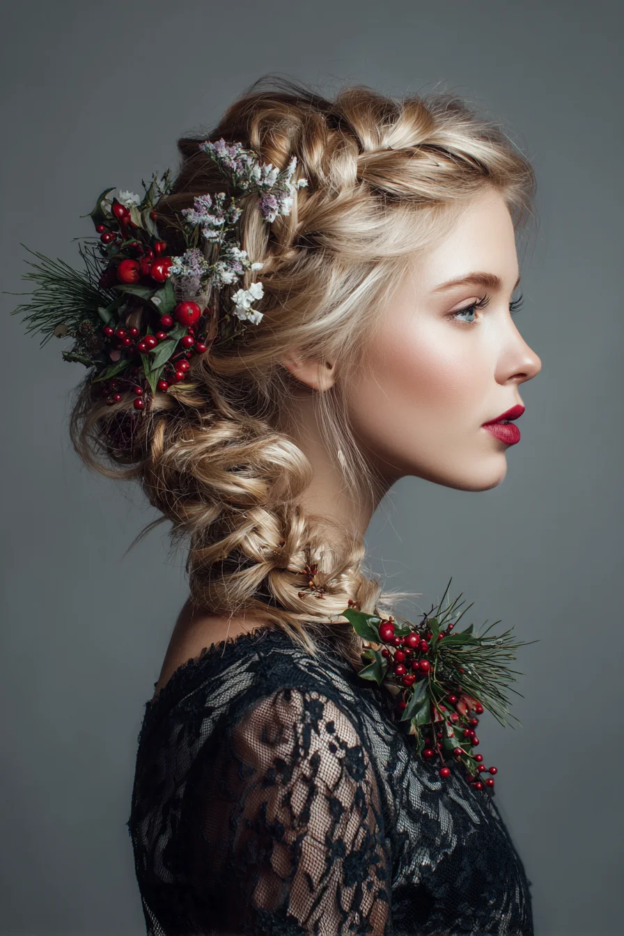 Festive Romantic Side Braid Updo with Floral & Berry Accents