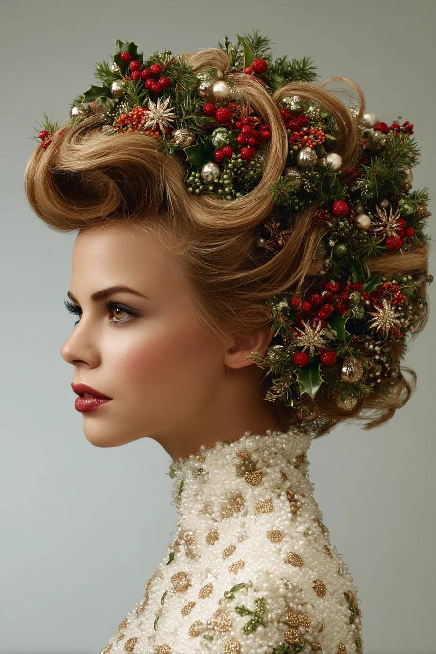 Festive Sculpted Vintage Updo with Holiday Foliage