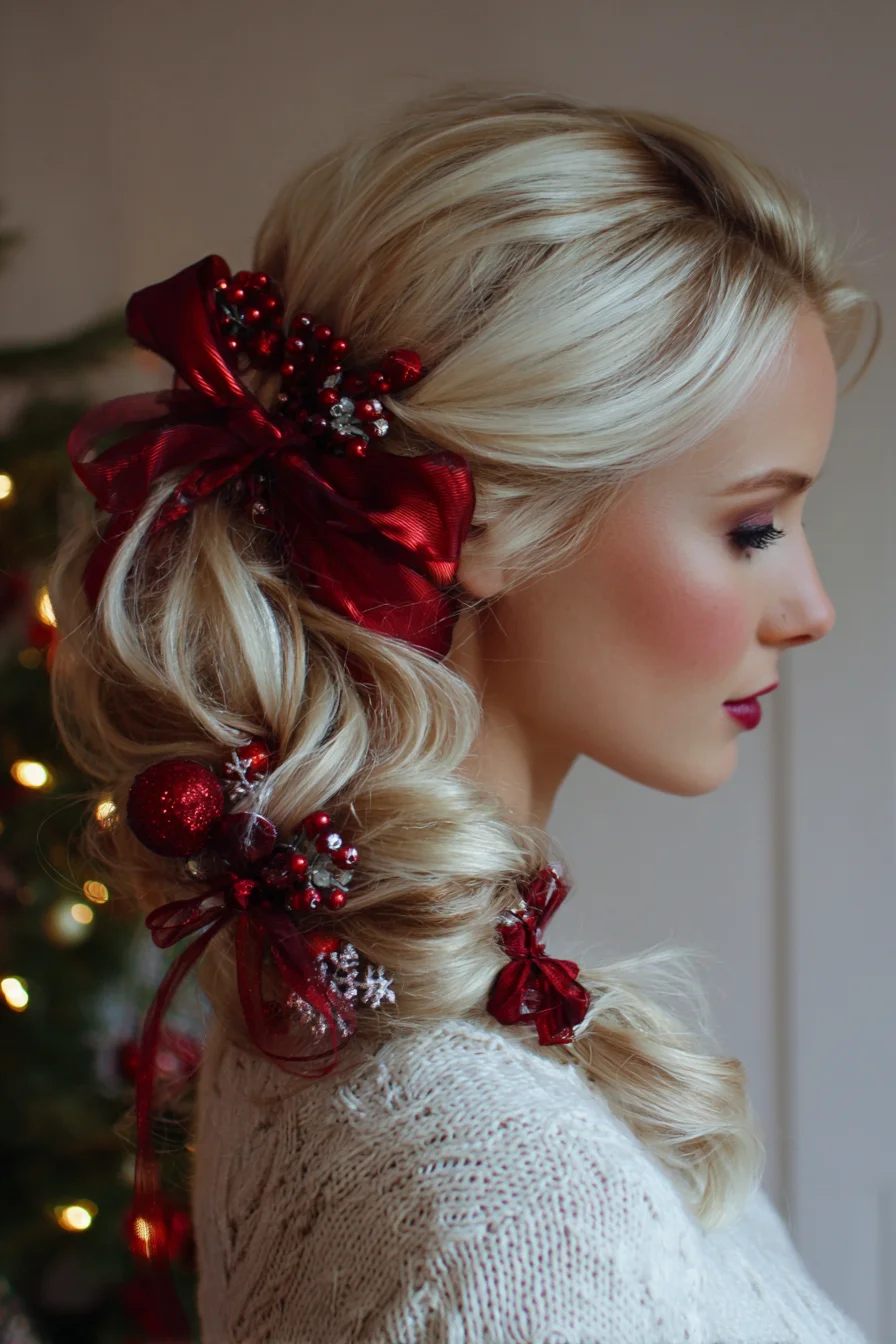 Festive Side‑Swept Twisted Pony with Ribbon & Ornament Accents