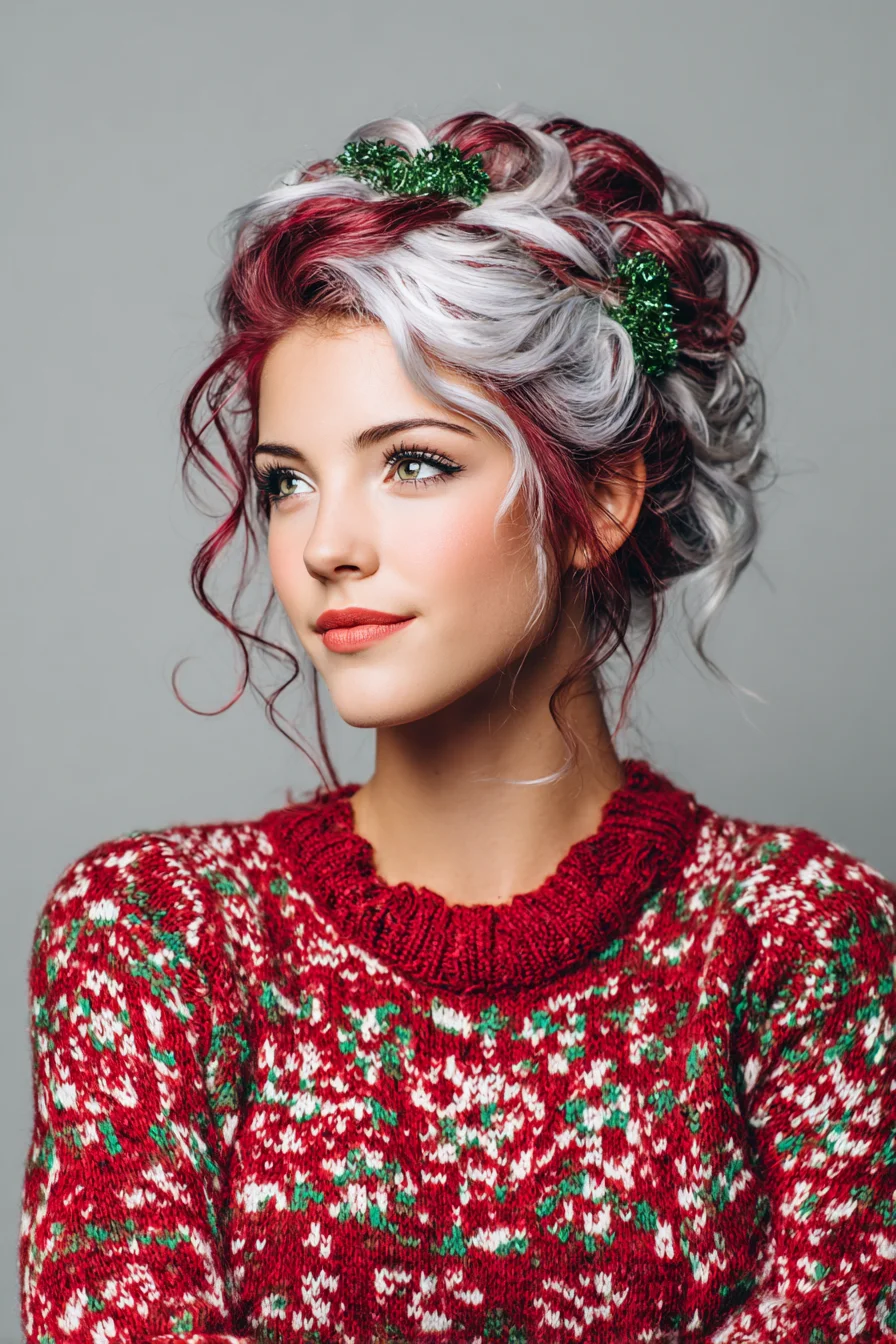 Festive Two-Tone Textured Braided Updo — Red & Silver Holiday Style