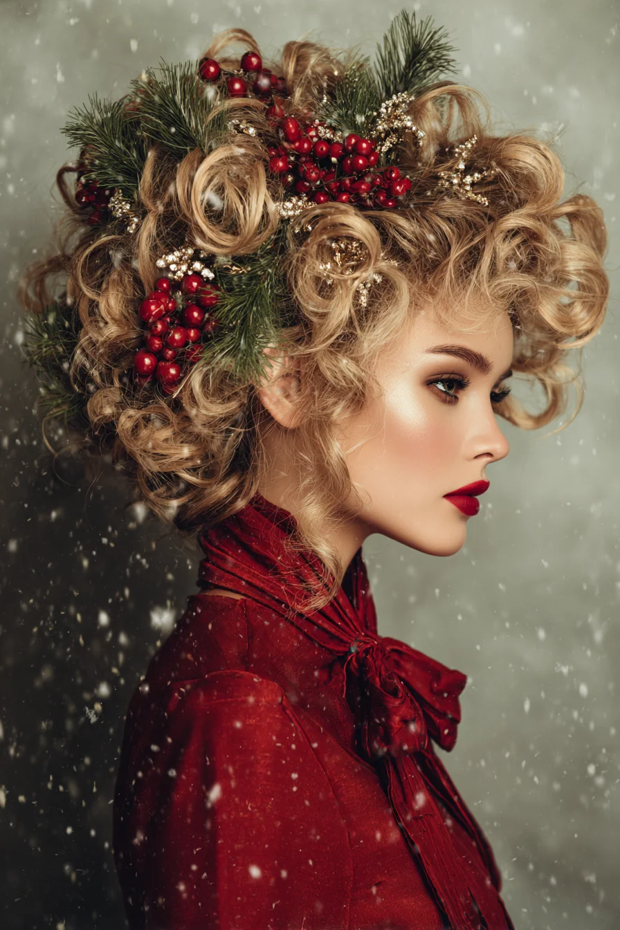 Festive Voluminous Curly Updo with Pine and Berry Accents