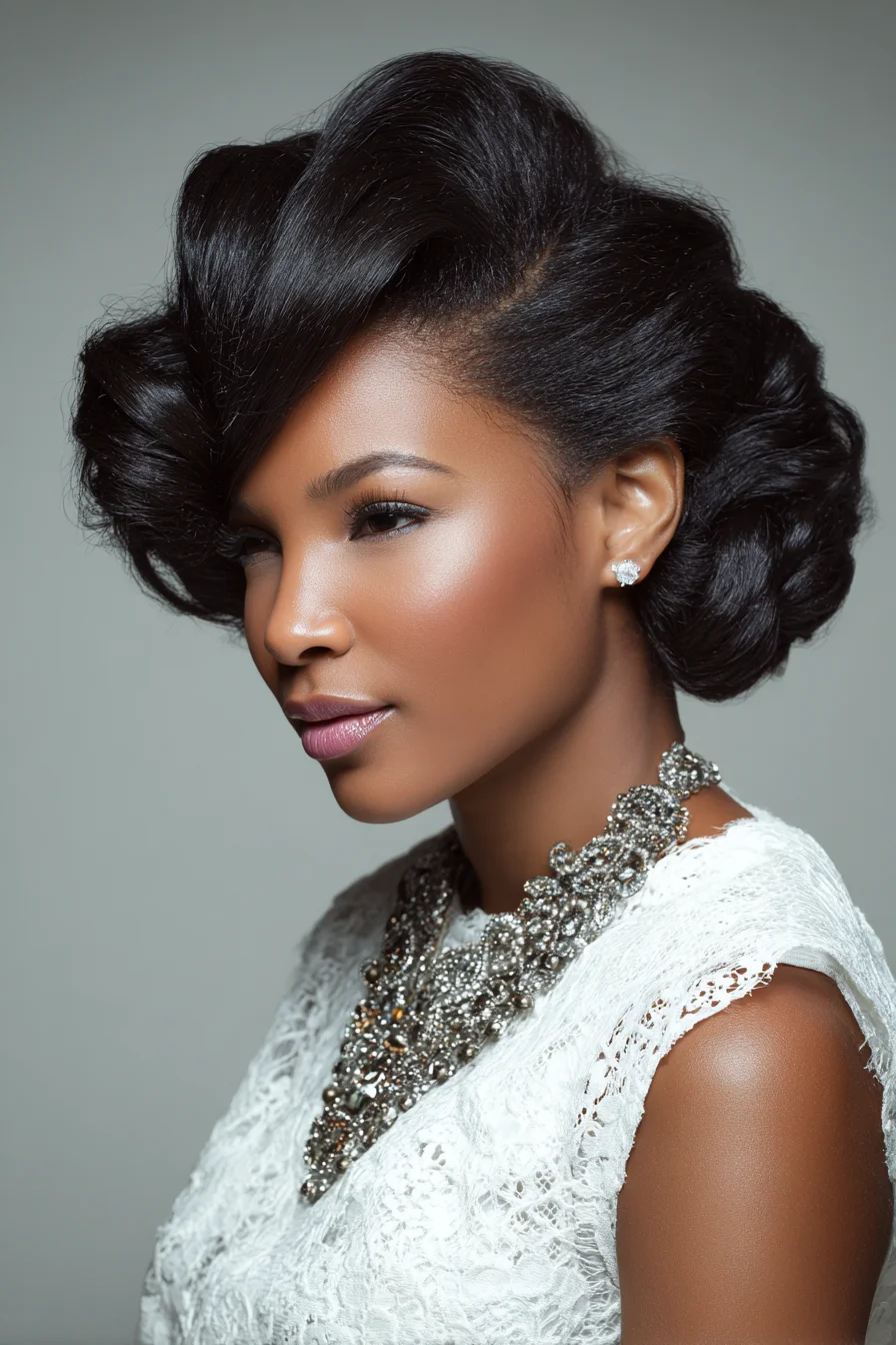 Glossy Side‑Swept Rolled Updo — Vintage Waves for Natural & Textured Hair