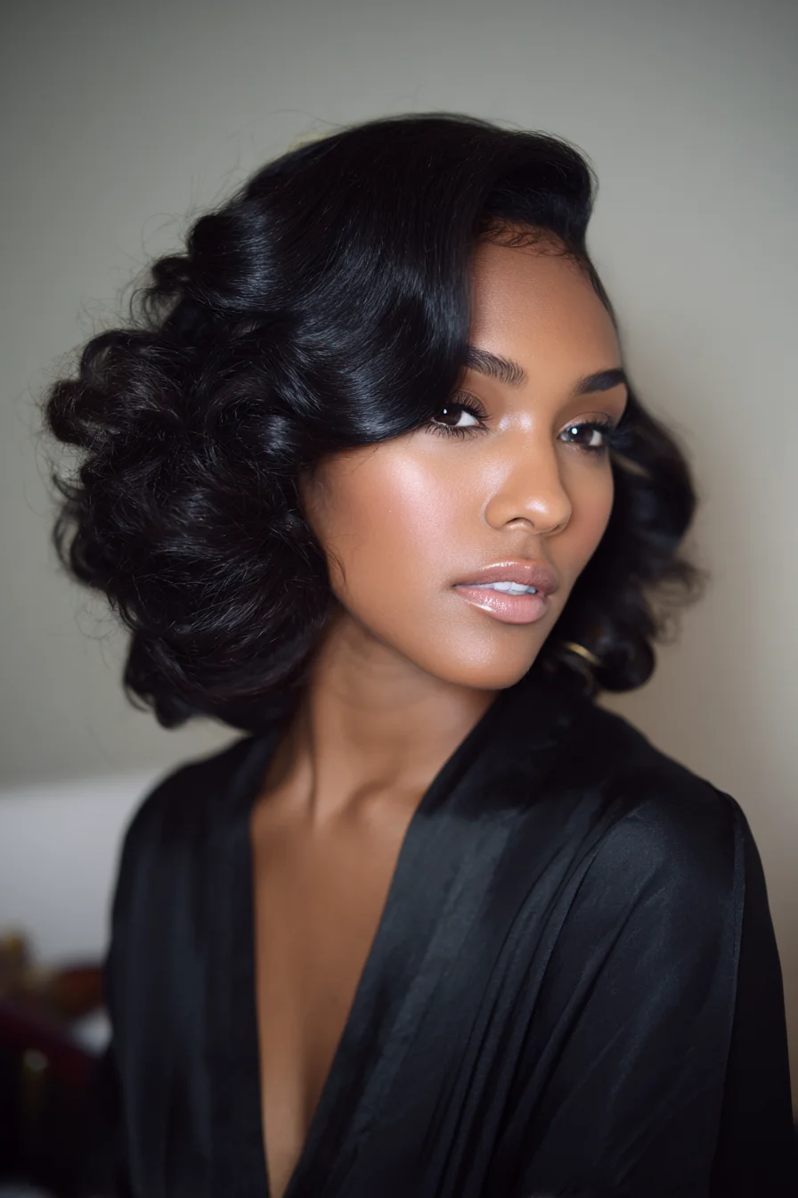 Glossy Side‑Swept Vintage C‑Curl Bob — Voluminous Short Wave Hairstyle