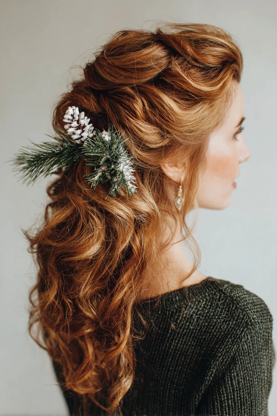 Half-Up Textured Curls with Festive Pine Accent