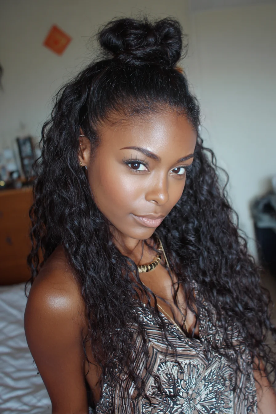 Half-Up Top Knot with Natural Curly Lengths — Textured Half-Bun Style