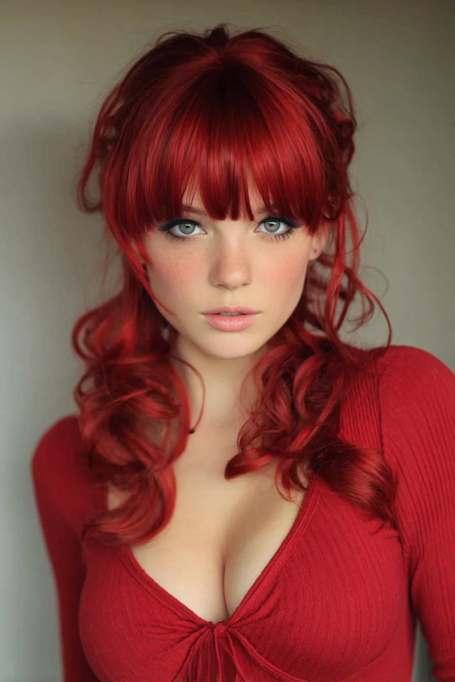 Half-Up Voluminous Curls with Blunt Bangs — Long Red Hair Styling