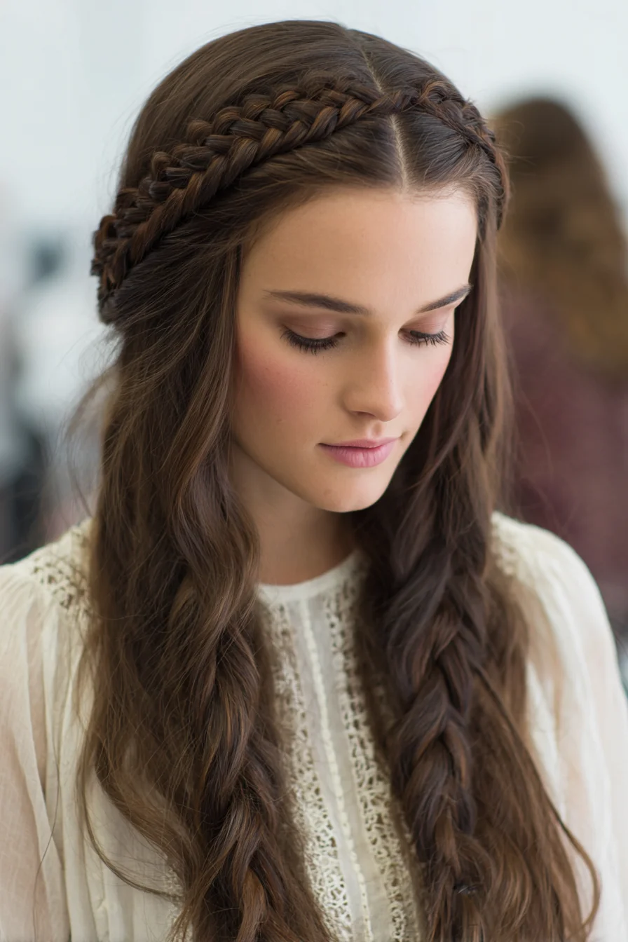 Halo Crown Dutch Braids with Loose Waves (Boho Half-Up Braid)