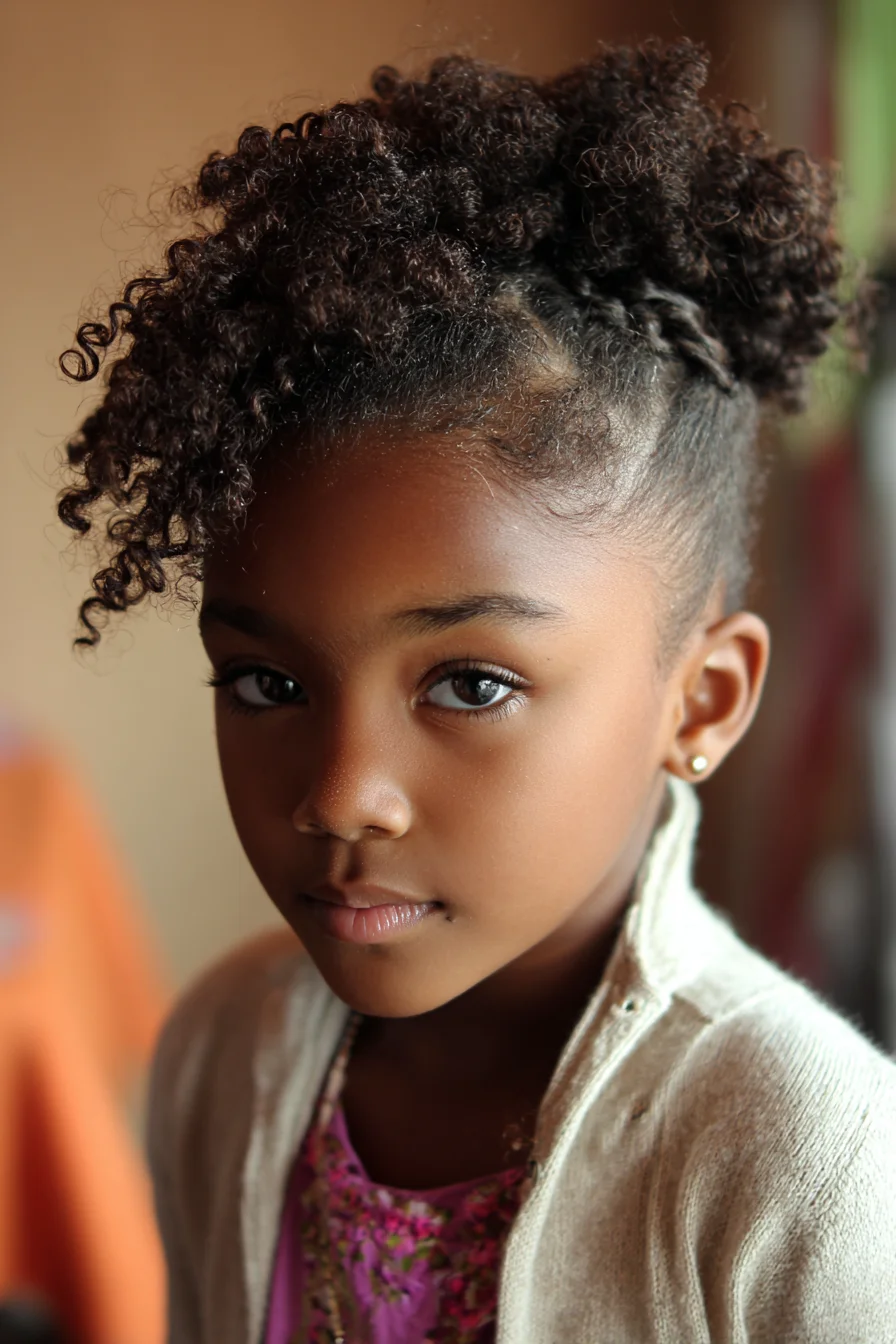 High Curly Puff with Defined Front Curls and Sleek Braided Sides