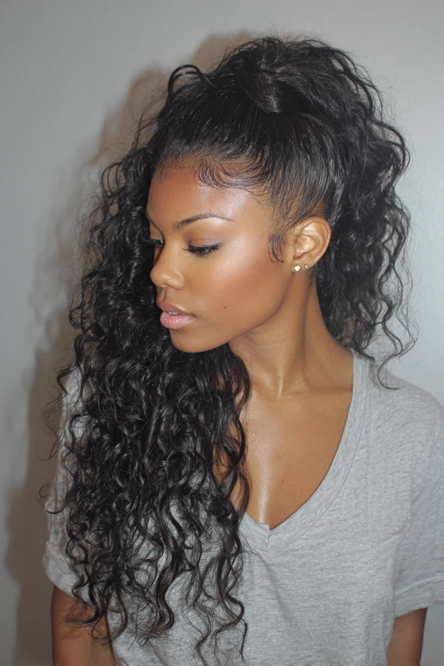 High Half-Up Curly Ponytail with Sleek Edges