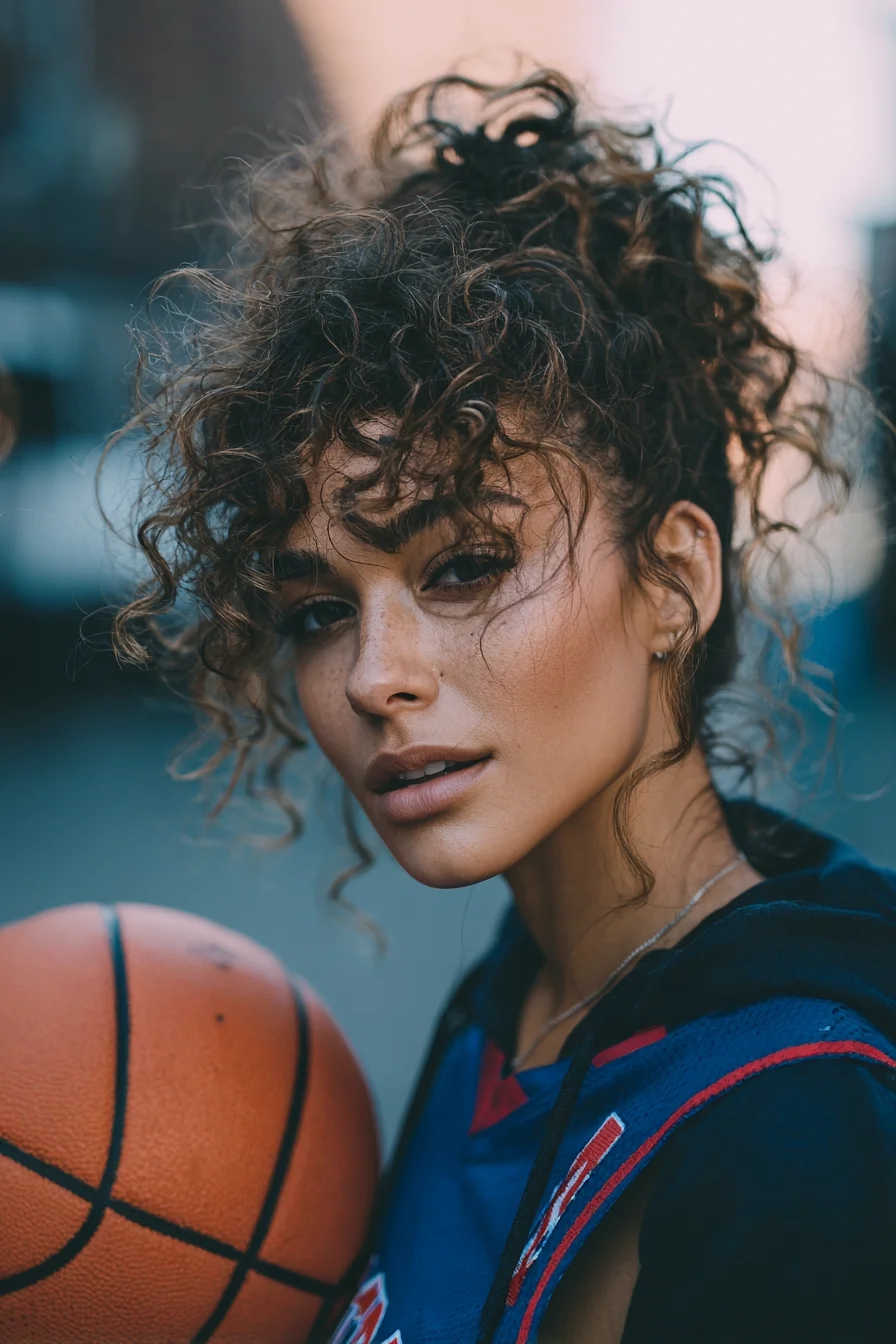High Messy Curly Bun with Face‑Framing Curls