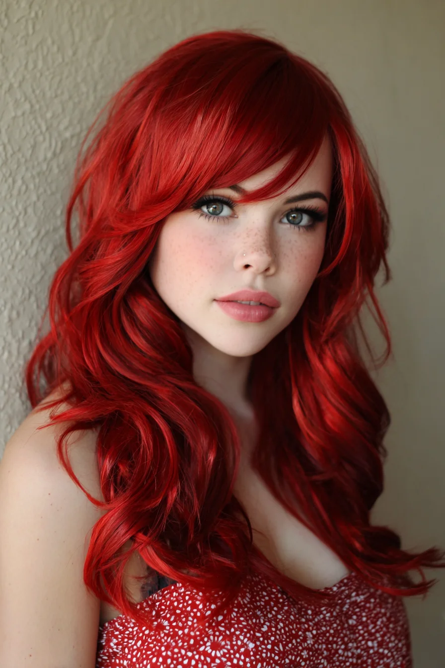 Layered Long Red Waves with Side‑Swept Fringe