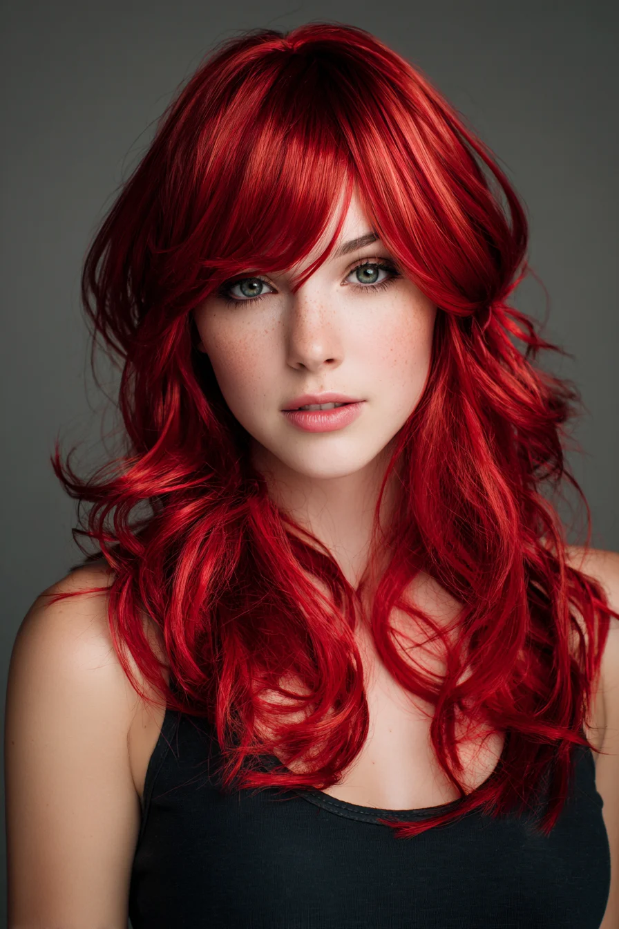 Layered Vibrant Red Waves with Curtain Bangs