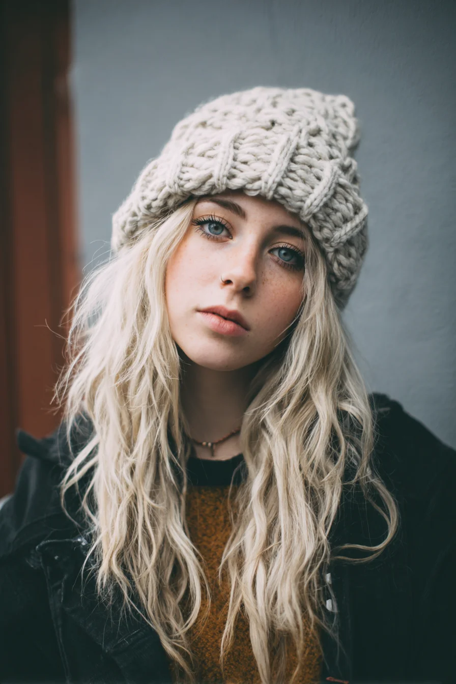 Long Beachy Blonde Waves with Natural Texture — Beanie-Friendly Style