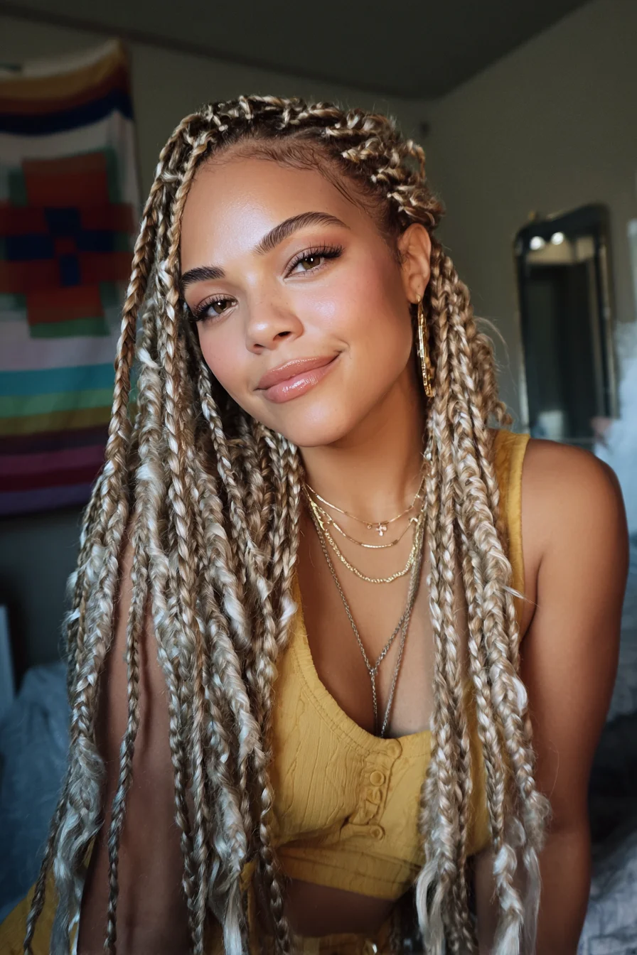 Long Blonde Knotless Box Braids with Mixed-Thickness Beachy Texture