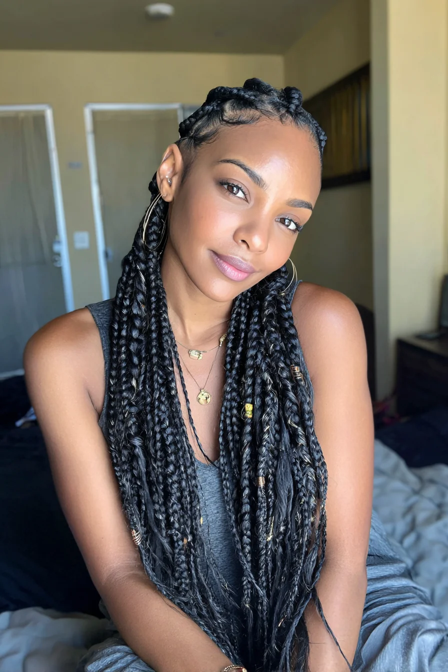 Long Box Braids with Feed‑In Cornrows and Sleek Edge Styling