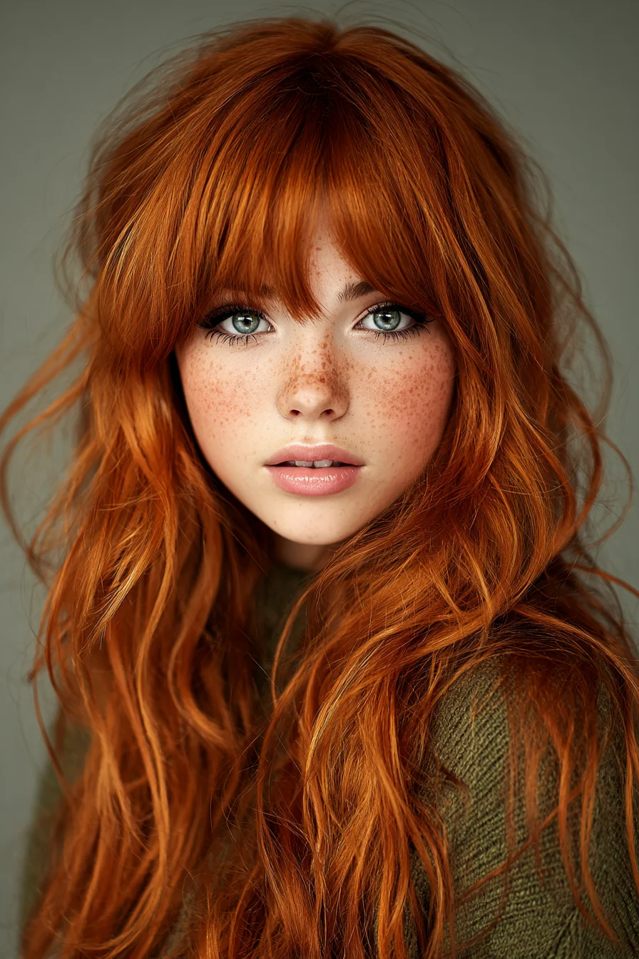 Long Copper Layers with Curtain Bangs and Soft Beachy Waves
