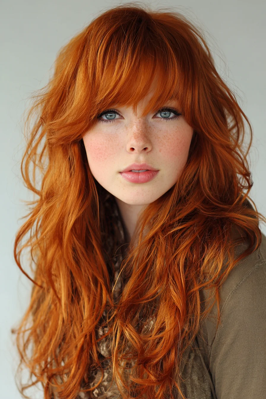 Long Copper Layers with Wispy Curtain Bangs