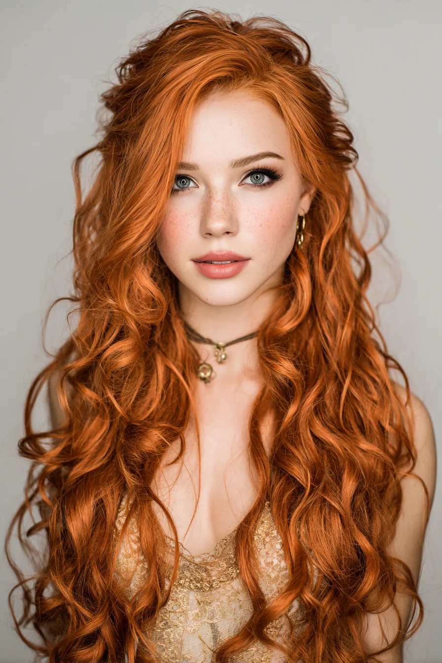 Long Copper-Red Loose Waves with Tousled Half-Up Volume