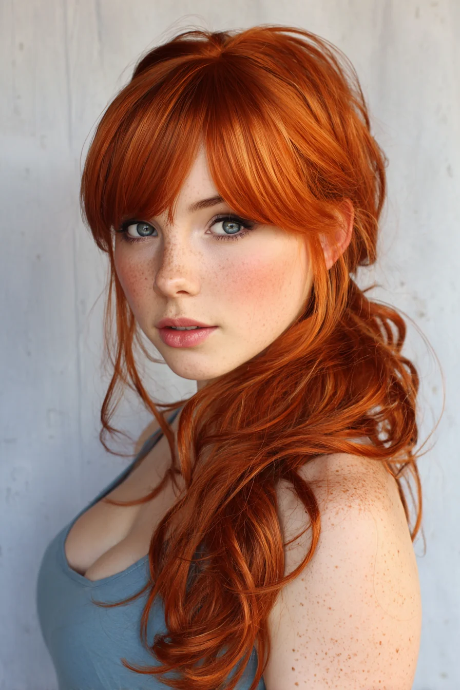 Long Copper Side‑Swept Low Pony with Curtain Bangs and Soft Waves