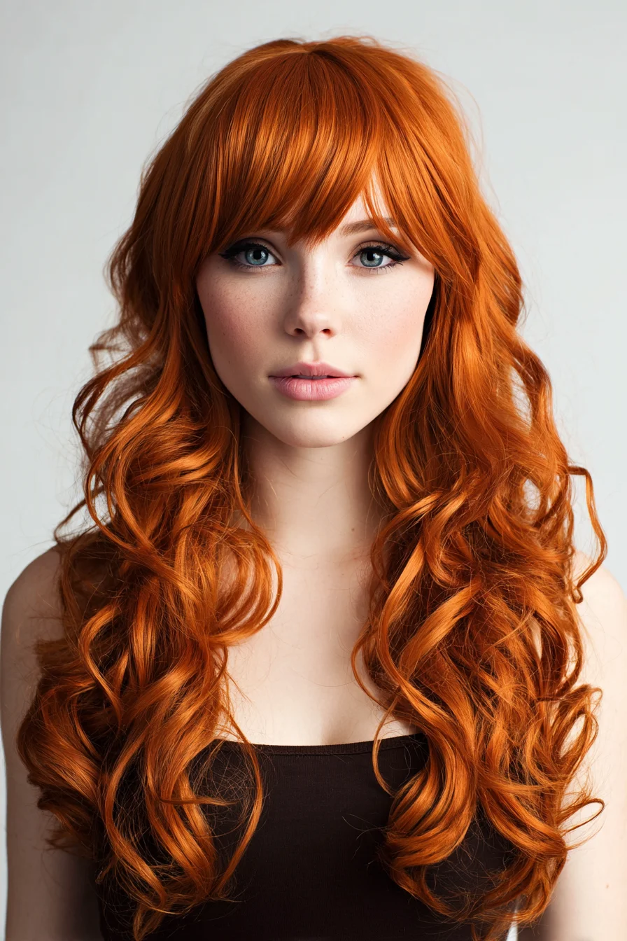 Long Copper Waves with Blunt Fringe — Soft Face-Framing Curls