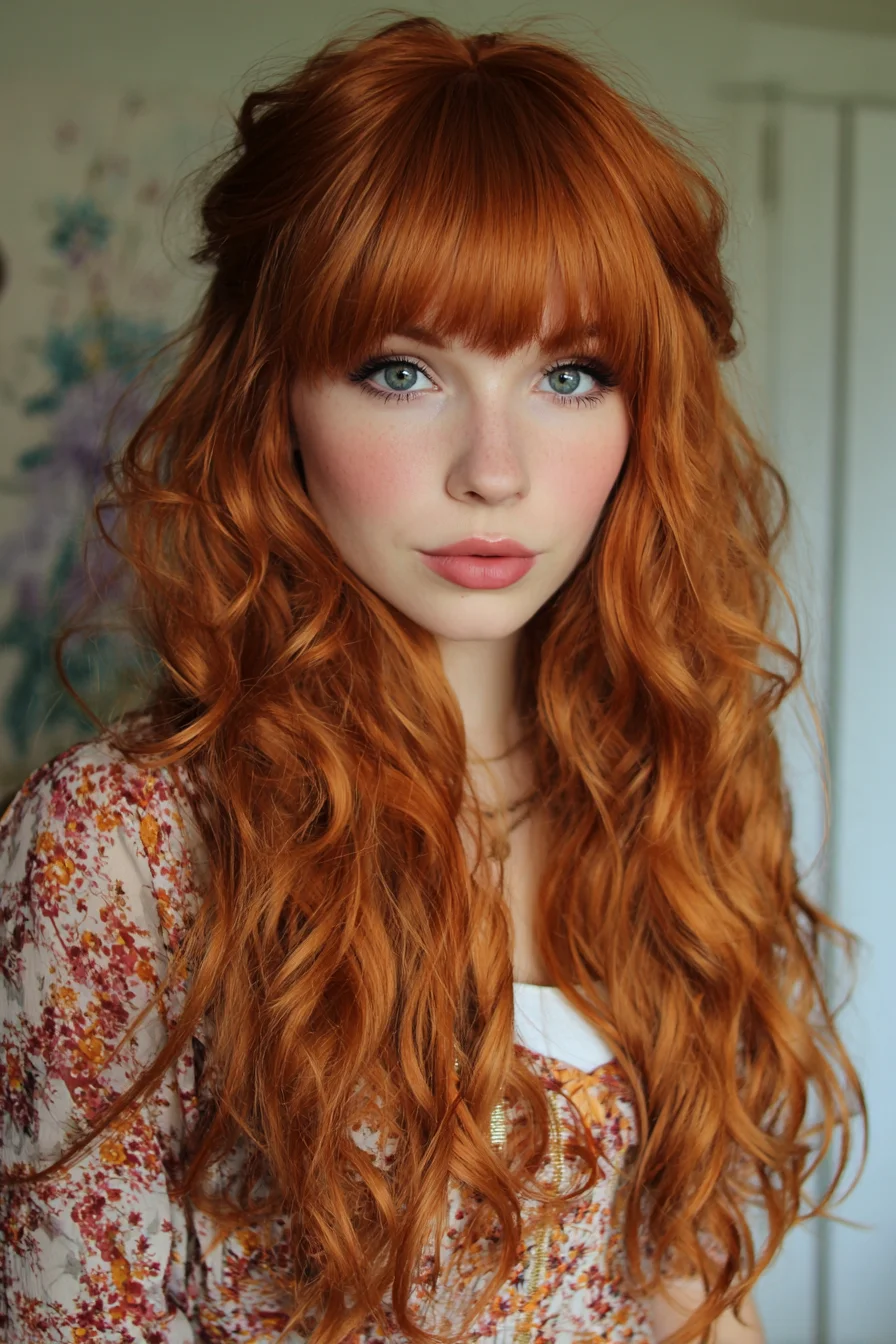 Long Copper Waves with Blunt Fringe — Soft Textured Half-Up Style