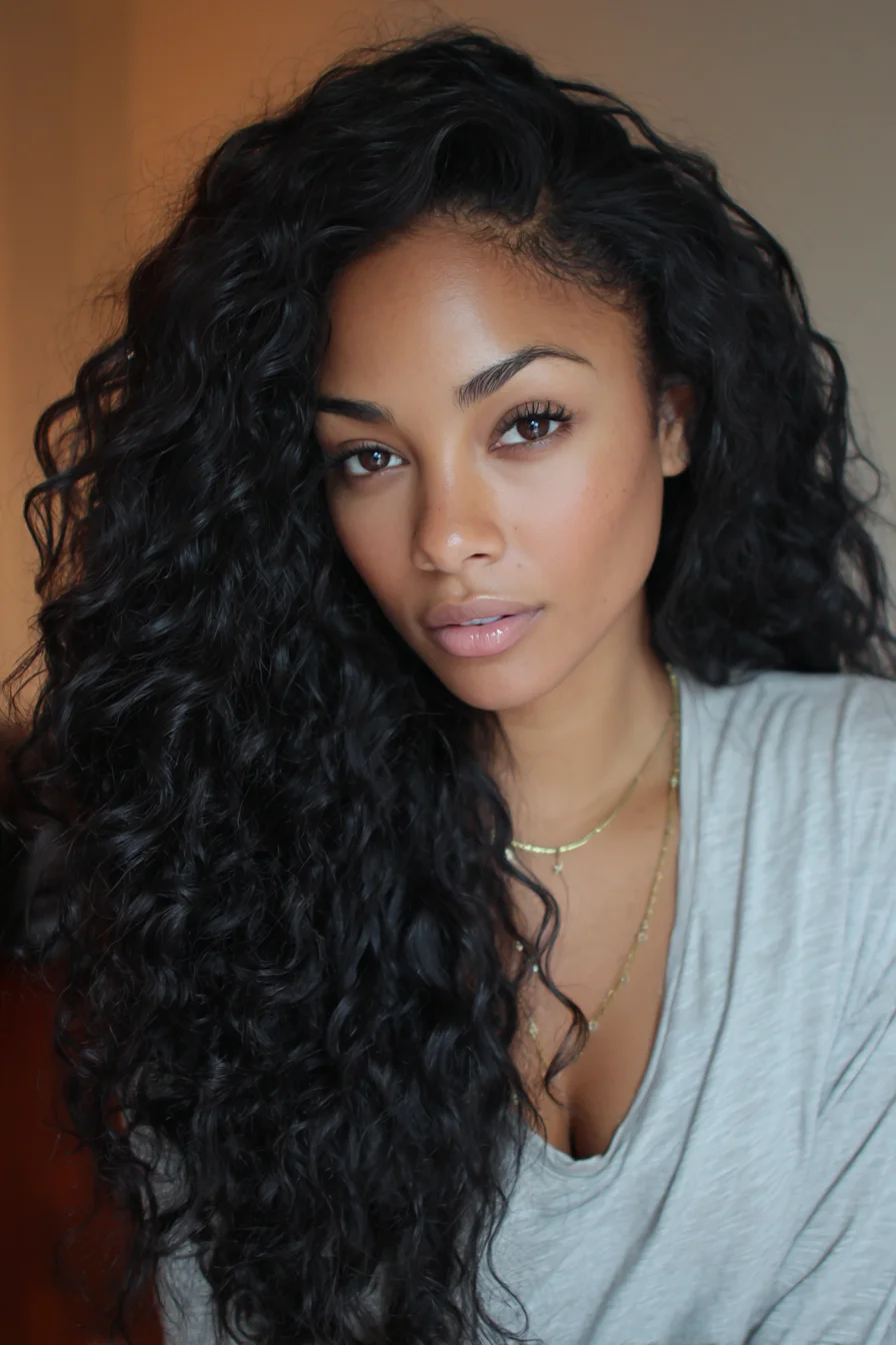 Long Deep Curls — Voluminous Natural Curly Hair with Defined Side Part