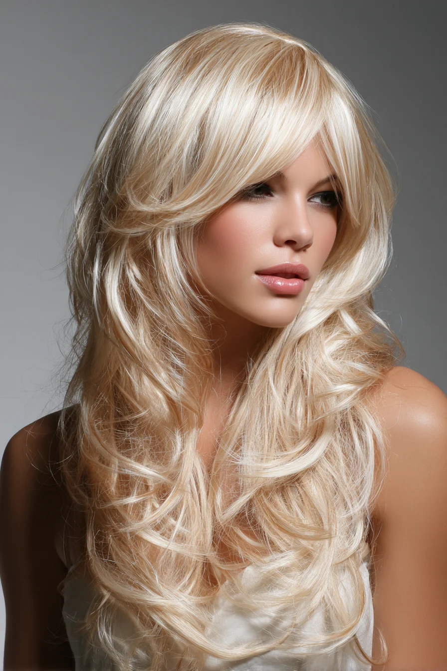 Long Layered Blonde Shag with Face‑Framing Curtain Bangs
