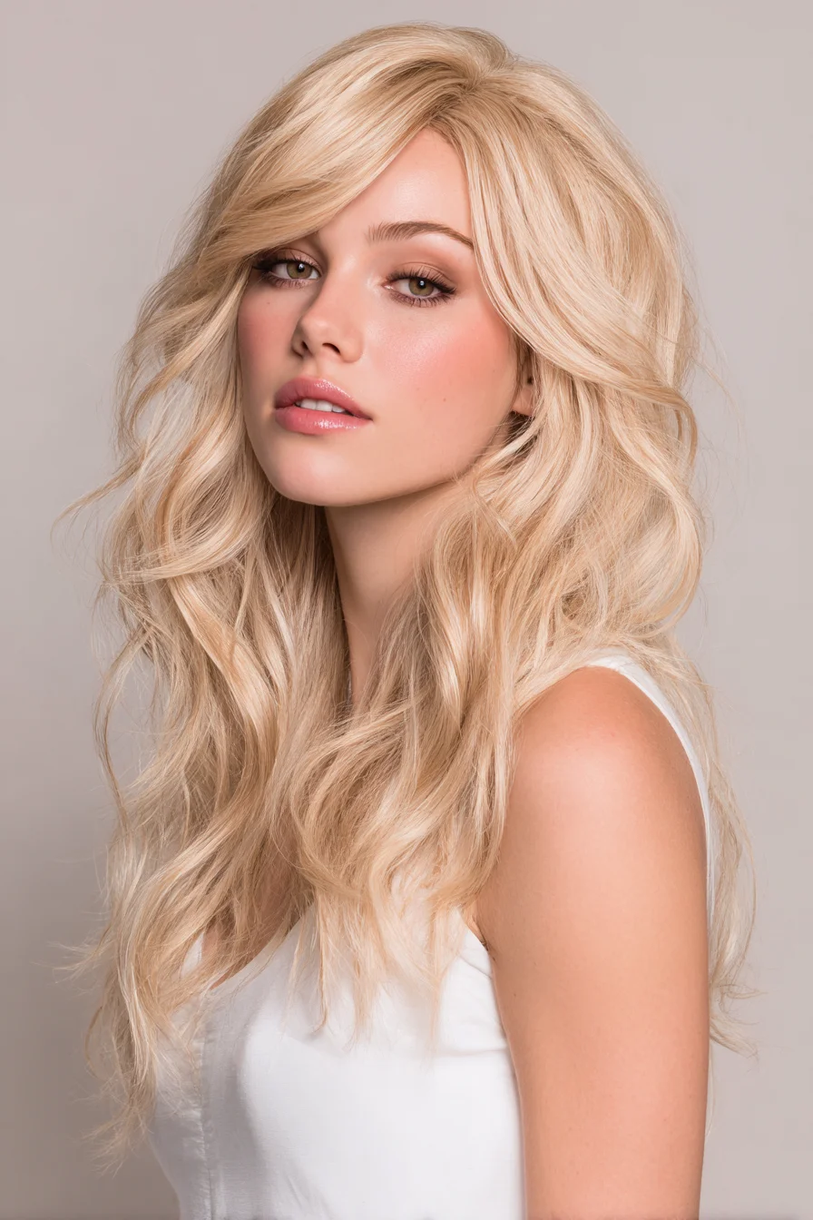 Long Layered Blonde Waves with Face‑Framing Curtain Bangs