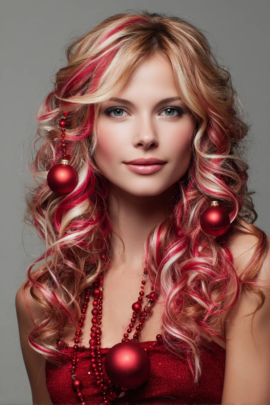 Long Layered Blonde with Pink-Red Highlights and Loose Romantic Curls
