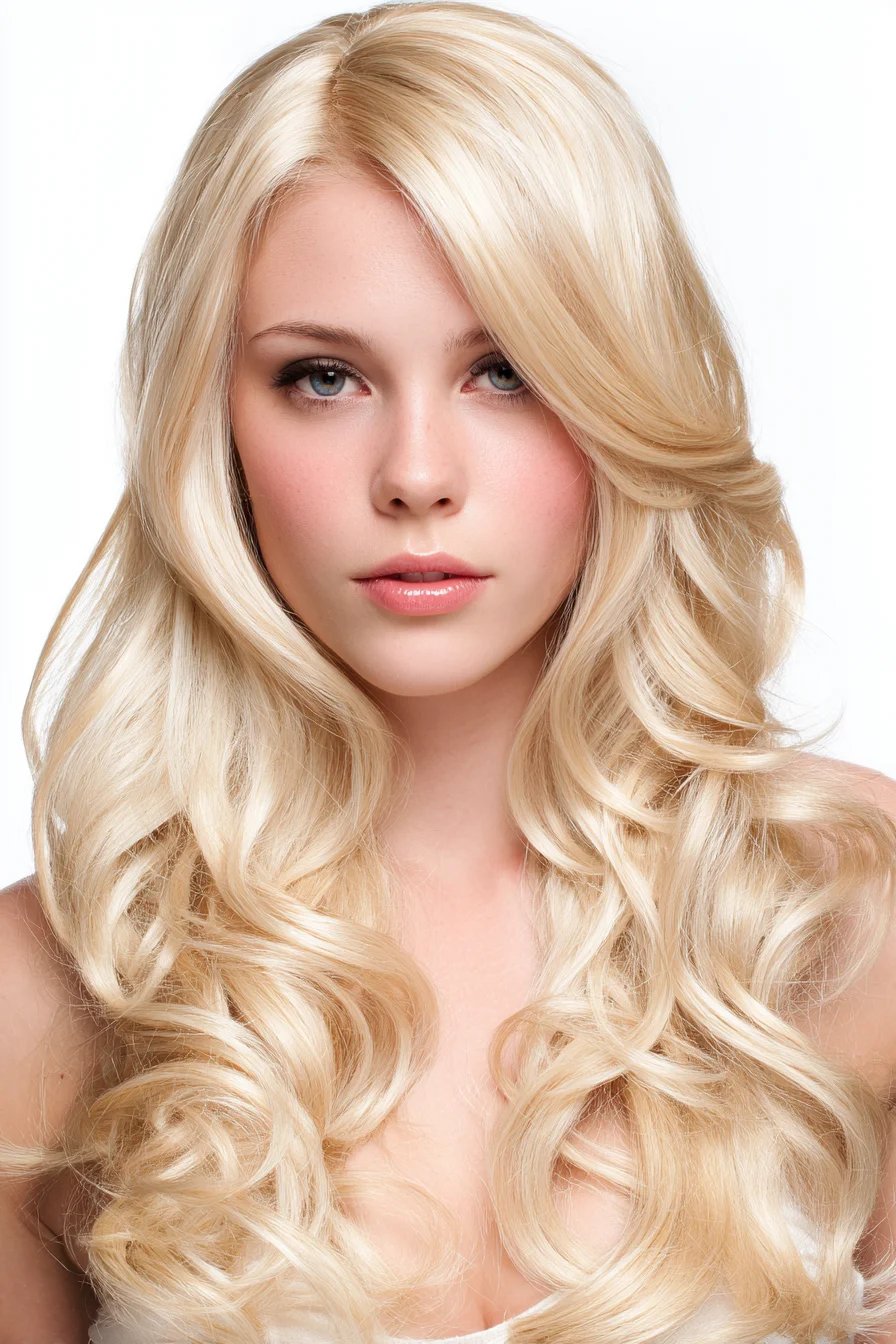 Long Layered Blonde with Soft Salon Waves and Side‑Swept Fringe