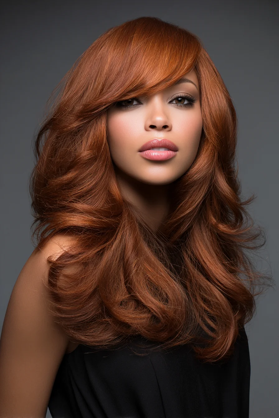 Long Layered Blowout with Side-Swept Bangs — Copper Red