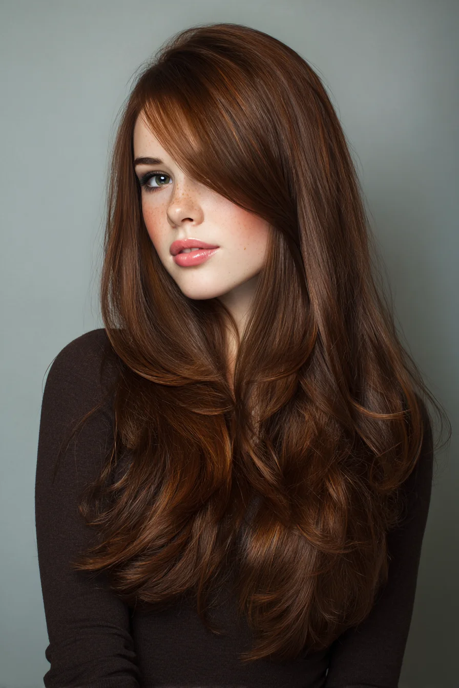 Long Layered Chestnut with Side-Swept Fringe and Soft Face-Framing