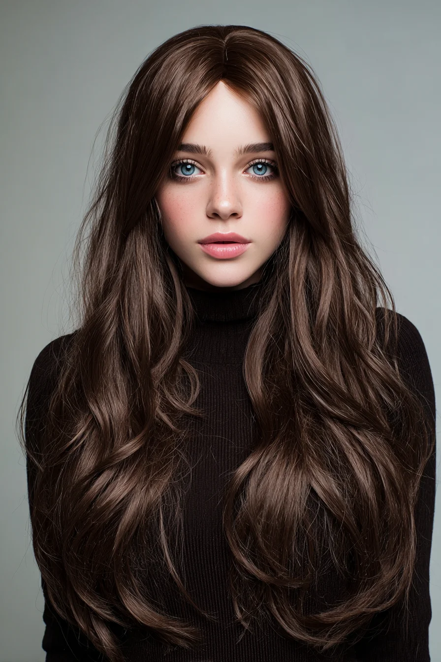 Long Layered Chocolate-Brown Waves with Soft Face‑Framing Curtain Part